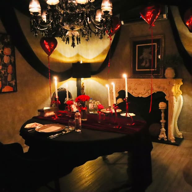 The Shah Room dressed with red roses, balloons and candlelight